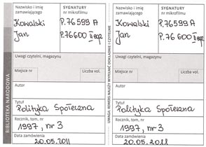 Prawidłowo wypełniony rewers na zamówienie czasopisma