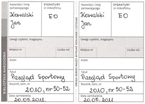 Prawidłowo wypełniony rewers na zamówienie czasopisma EO