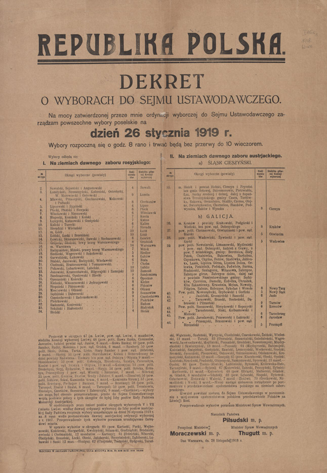 Dekret o wyborach do Sejmu Ustawodawczego. [Inc.:] Na mocy zatwierdzonej przeze mnie ordynacji wyborczej do Sejmu Ustawodawczego zarządzam powszechne wybory poselskie na dzień 26 stycznia 1919 r. [...] : dan Warszawa, dn. 28 listopada 1918 r.