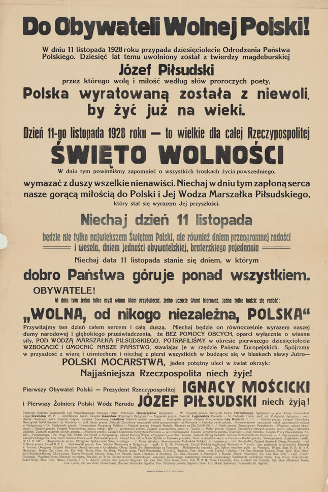[Afisz] : [Inc.:] Do obywateli wolnej Polski! W dniu 11 listopada 1928 roku przypada dziesięciolecie Odrodzenia Państwa Polskiego [...]