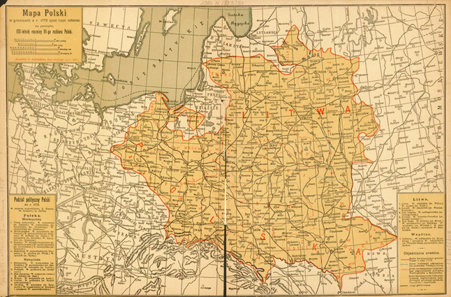 Mapa Polski : w granicach z. r. 1772 (przed 1-szym rozbiorem) na pamiątkę 100-letniej rocznicy III-go rozbioru Polski.