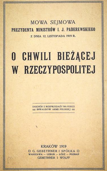 Strona tytułowa mowy sejmowej Paderewskiego