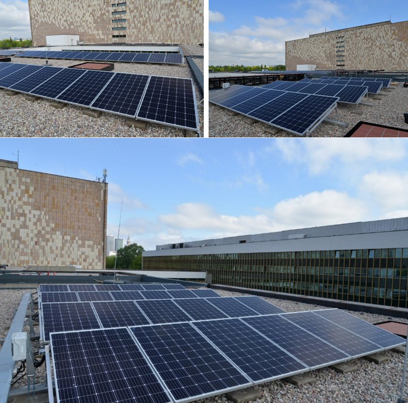 Panele fotowoltaiczne na dachach gmachu Biblioteki Narodowej